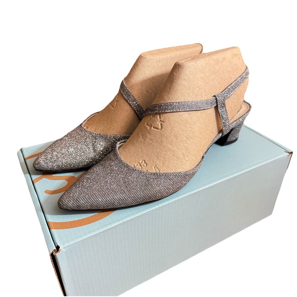 LifeStride Women’s Size 7.5 Pewter Shimmer Minimalist Slingback Kitten Heel Pump